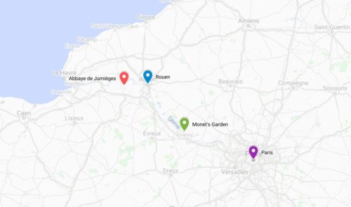 Map showing Jumieges Abbey in France near Rouen